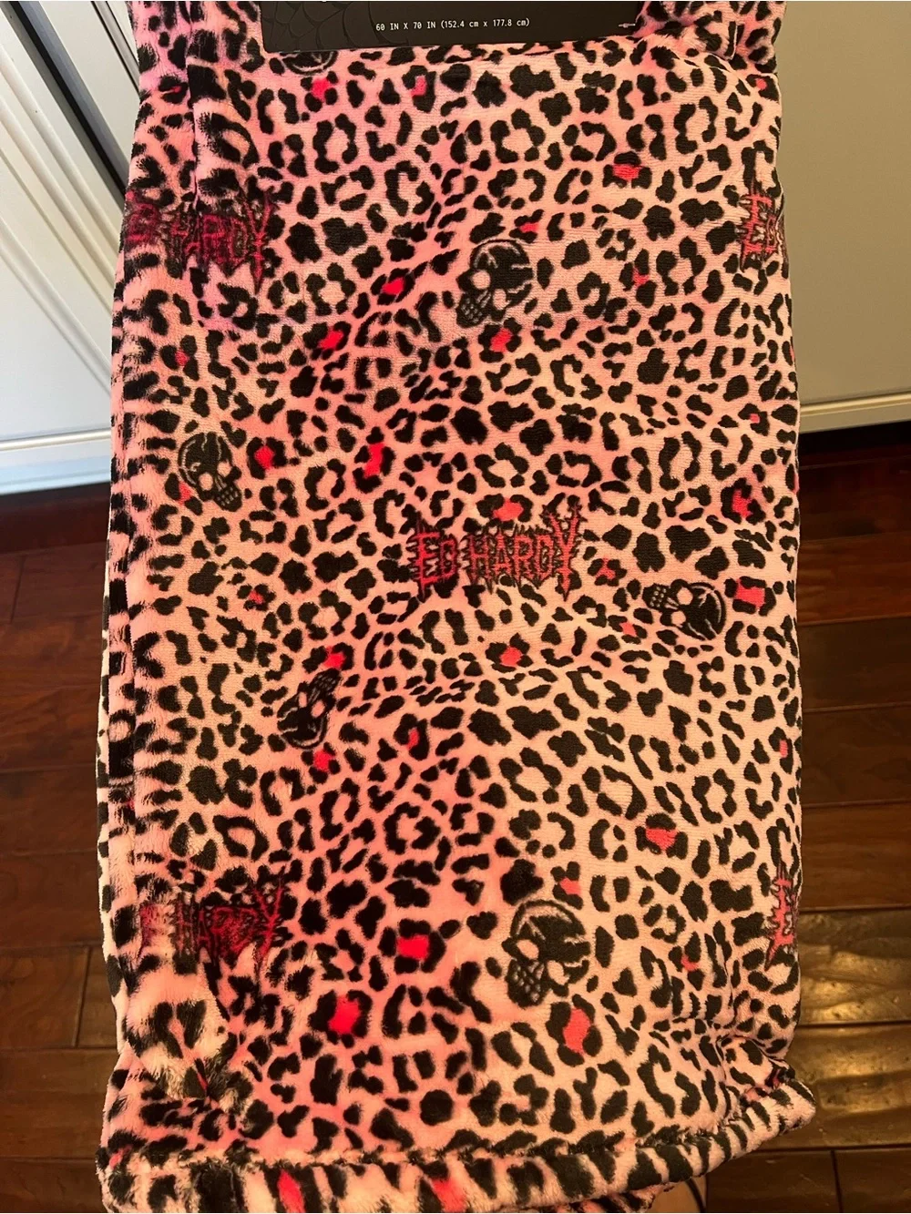 Ed Hardy Halloween Pink Skull Leopard Spooky Plush Oversized Throw Blanket